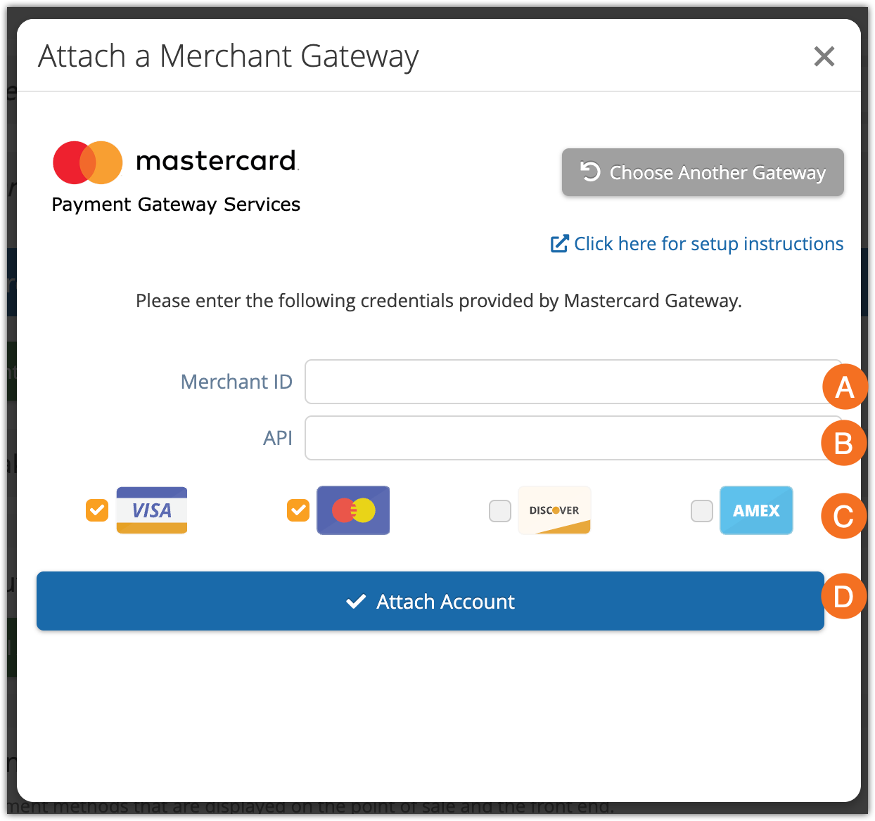 The attachment interface for MPGS, which includes fields for merchant id and API, 4 checkboxes for credit card choice, and an Attach Account button.
